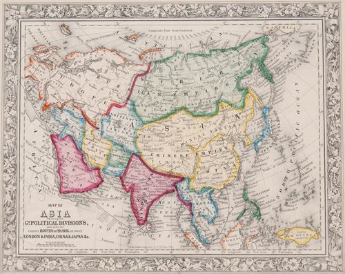 Map of Asia Showing its Gt. Political Divisions, and also the various Routes of Travel between London & India, China & Japan &c. 1862